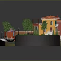 Colorful Red And Yellow Buildings In Miniature Scene With Tile Roofs Trees Pathways And Benches
