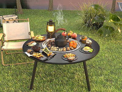 Outdoor Table Setup In Lawn With Teapot Food Plates And Lantern 3d model
