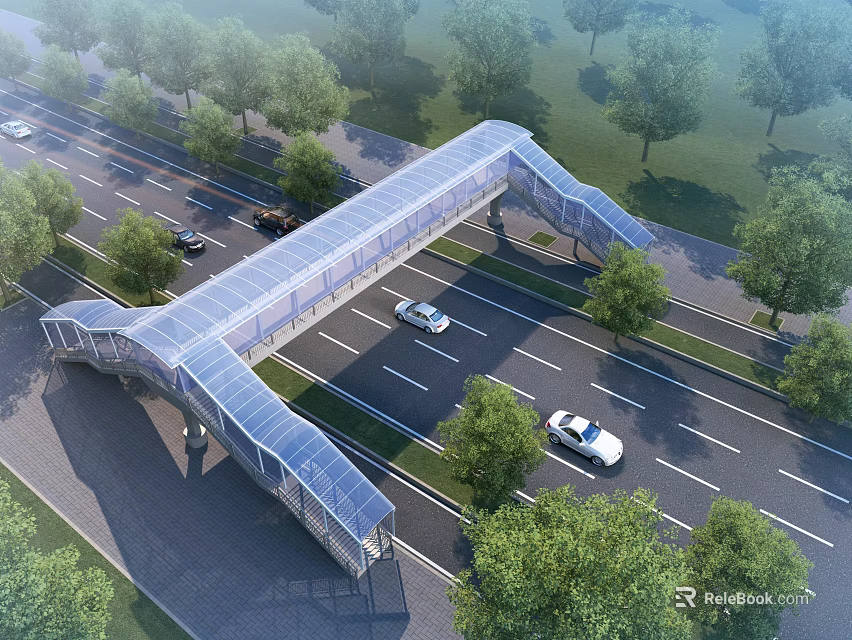 Modern Pedestrian Bridge With Transparent Roof Over Road Near Trees And Vehicles 3d model 