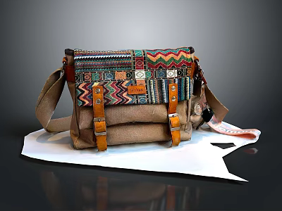 Vintage Style Fabric Crossbody Bag With Colorful Geometric Patterns Leather Accents And Flap Design 3d model