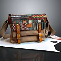 Vintage Style Fabric Crossbody Bag With Colorful Geometric Patterns Leather Accents And Flap Design