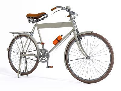 Vintage Bicycle With Brown Leather Seat Orange Water Bottle And Spoked Wheels On Beige Frame 3d model