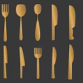 Elegant Golden Kitchen Cutlery Set With Various Forks Spoons And Knives