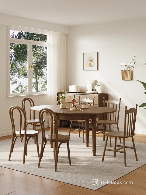 Cozy Wooden Dining Chairs Around Round Table in Bright Natural Room with Window Plants 3d model 