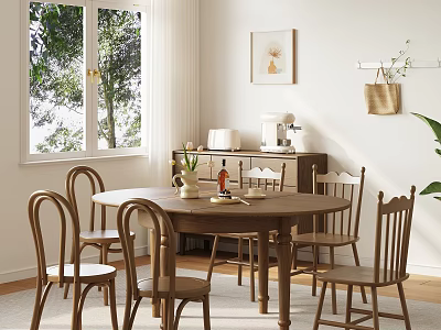 Cozy Wooden Dining Chairs Around Round Table in Bright Natural Room with Window Plants 3d model