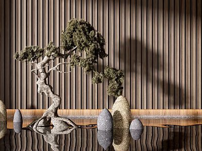 Modern Sculptural Arbor With Curved Trunk Green Foliage Stone Ornaments And Wooden Wall Reflection 3d model