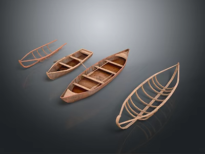 Four Wooden Boat Skeleton Models On Dark Background With Reflections 3d model
