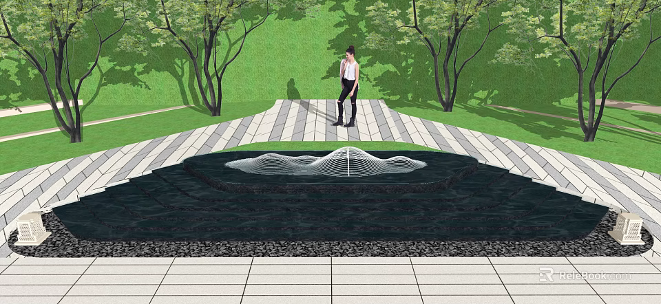 Elegant Garden Water Feature Design With Stone Pathway Green Lawn And Trees 3d model 