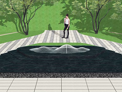 Elegant Garden Water Feature Design With Stone Pathway Green Lawn And Trees 3d model