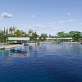 Aerial View of Lush Waterfront Landscape with Blue Water Curved Paths and Green Trees