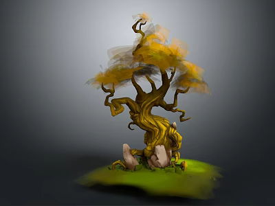 Cartoon Scene With Curved Trunk Tree Featuring Yellow Leaves Stones And Green Grass 3d model