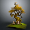 Cartoon Scene With Curved Trunk Tree Featuring Yellow Leaves Stones And Green Grass