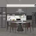 Modern Dining Kitchen Interior Design with Round Table Gray Cabinets Pendant Light and Marble Backsplash 3d model