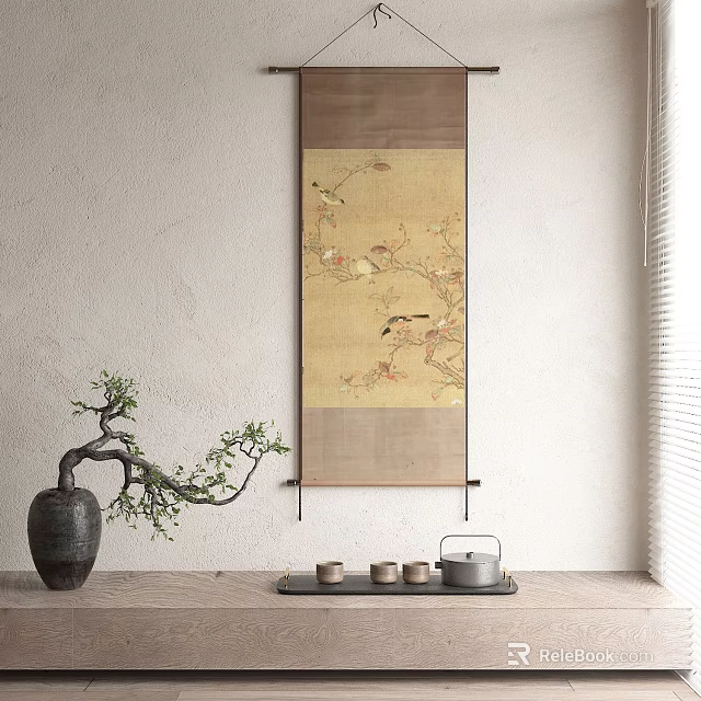 Traditional Interior Scene With Scroll Painting Birds Flowers Black Vase Tray Teacups And Teapot 3d model 