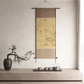 Traditional Interior Scene With Scroll Painting Birds Flowers Black Vase Tray Teacups And Teapot