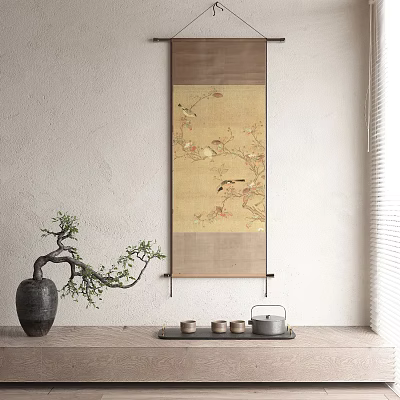 Traditional Interior Scene With Scroll Painting Birds Flowers Black Vase Tray Teacups And Teapot 3d model