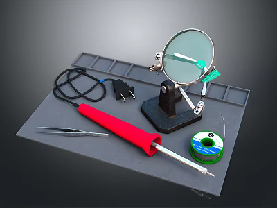 Essential Craft Tools With Magnifying Glass Tweezers Soldering Iron Green Thread Spool On Grey Mat 3d model