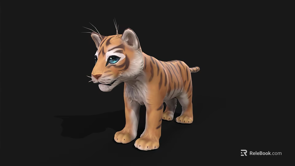 3D Model of Baby Tiger With Brown Black Stripes Blue Eyes on Black Background 3d model 