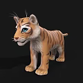 3D Model of Baby Tiger With Brown Black Stripes Blue Eyes on Black Background