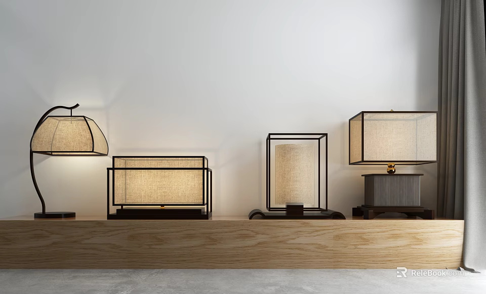 Chinese Style Table Lamps With Linen Shades Black Frames On Wooden Shelf Against White Wall 3d model 