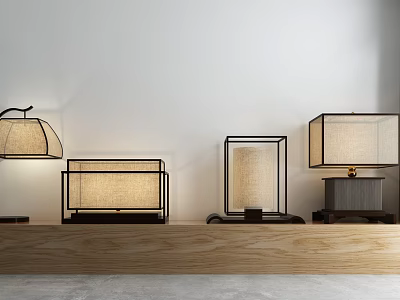 Chinese Style Table Lamps With Linen Shades Black Frames On Wooden Shelf Against White Wall 3d model