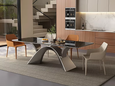 Modern Dining Table Set Black Glass Top Silver Metal Legs Orange Beige Chairs Bright Interior 3d model