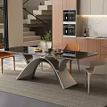 Modern Dining Table Set Black Glass Top Silver Metal Legs Orange Beige Chairs Bright Interior