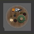 Still Life Tabletop Arrangement With Green Ceramic Jug Wooden Lid Lit Candle And Cups