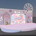 Pink Themed Stage with Ferris Wheel Cartoon Elements and Lollipop Decorations 3d model