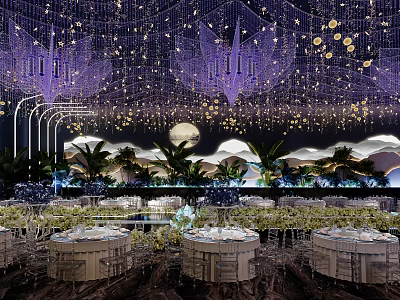 Gorgeous Banquet Hall Interior With Hanging Decorations Chandeliers Dining Tables And Green Plants 3d model