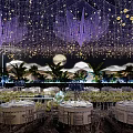 Gorgeous Banquet Hall Interior With Hanging Decorations Chandeliers Dining Tables And Green Plants