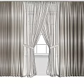 Beige and White Curtains with Elegant Drapery Tied by Sashes and Window Background