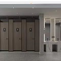 Modern Public Restroom Interior With Marble Vanity Multiple Mirrors Terrazzo Walls And Wooden Doors