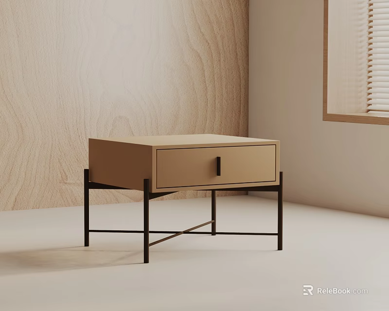 Modern Side Table With Beige Drawer And Black Metal Frame Near Wooden Wall 3d model 