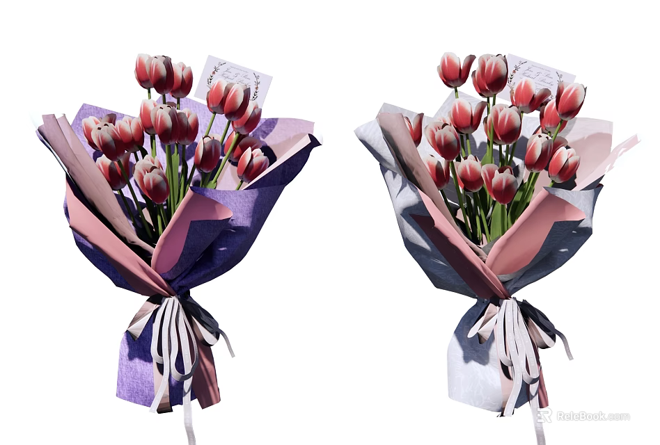 Decorative Ornament Arrangement with Pink Purple Wrapping Paper Tulips Bouquet and Ribbon Decoration 3d model 