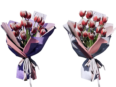 Decorative Ornament Arrangement with Pink Purple Wrapping Paper Tulips Bouquet and Ribbon Decoration 3d model