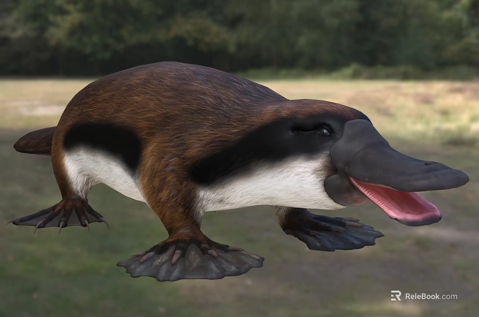 Platypus With Brown And White Body Duck Like Bill Webbed Feet Open Mouth 3d model 