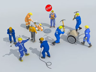 Workers At Construction Site Using Tools Assisting Injured Colleague With Stop Sign 3d model