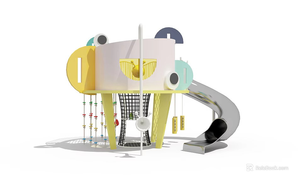Colorful Playground Equipment Featuring Slide Climbing Net Circular Parts And Hanging Elements 3d model 