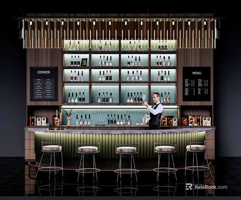 Stylish Bar Interior With Wine Racks Bottles Bartender High Stools And Decorative Lights 3d model 