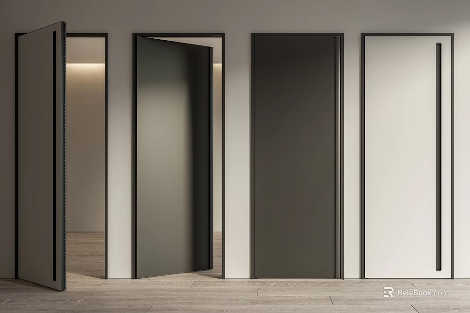Modern Interior Design Featuring Black And White Hinged Doors In Various Open States 3d model 