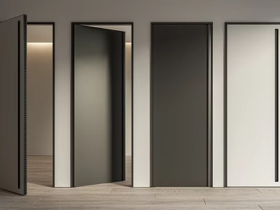 Modern Interior Design Featuring Black And White Hinged Doors In Various Open States 3d model