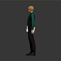 Stylish Man With Blonde Hair Wearing Green Shirt Suspenders And Dark Pants Holding White Paper