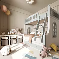 Light Gray Bunk Bed In Cozy Kids Room With Ladder Storage Drawers And Arched Window
