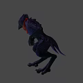 Mystical Dark Bird With Purple Feathers Glowing Yellow Eyes Red Cloth Accessory And Dark Background