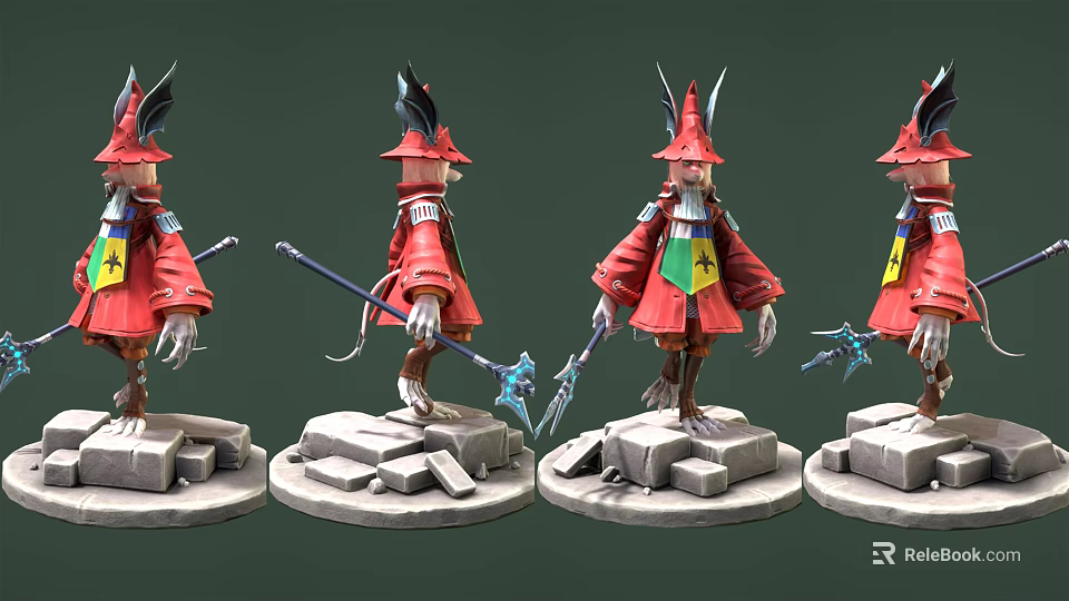 Fantasy Creature Sculptures In Red Robes With Pointed Horned Hats And Staffs On Stone Bases 3d model 