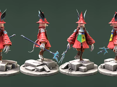 Fantasy Creature Sculptures In Red Robes With Pointed Horned Hats And Staffs On Stone Bases 3d model