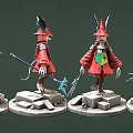 Fantasy Creature Sculptures In Red Robes With Pointed Horned Hats And Staffs On Stone Bases