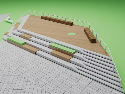 Outdoor Landscape With Wooden Platform White Railings Gray Tiled Steps Green Sections And Benches 3d model
