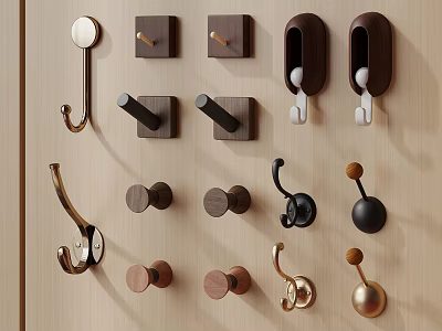 Various Decorative Wall Hooks With Diverse Shapes And Materials On Wooden Background 3d model